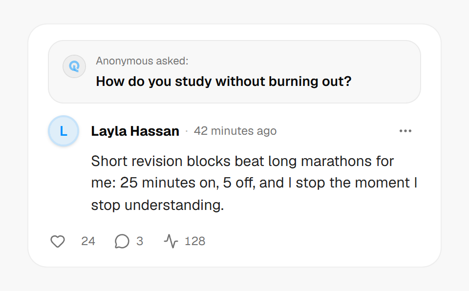 An answer card on Qerios with a short answer to an anonymous question