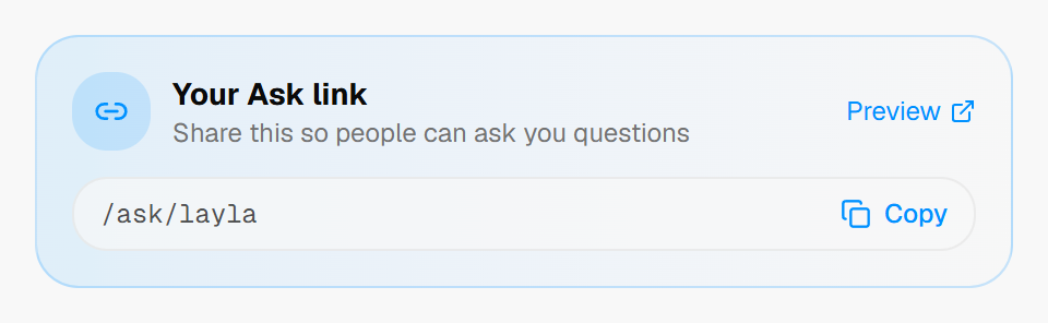 The Ask link card in Qerios with a copy button