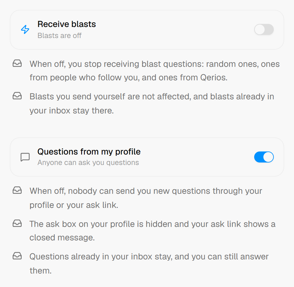 The two inbox switches in Qerios settings: receiving blasts and questions from your profile
