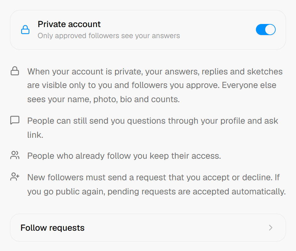 The Private account switch in Qerios settings, turned on, with the explanation of what a private account hides